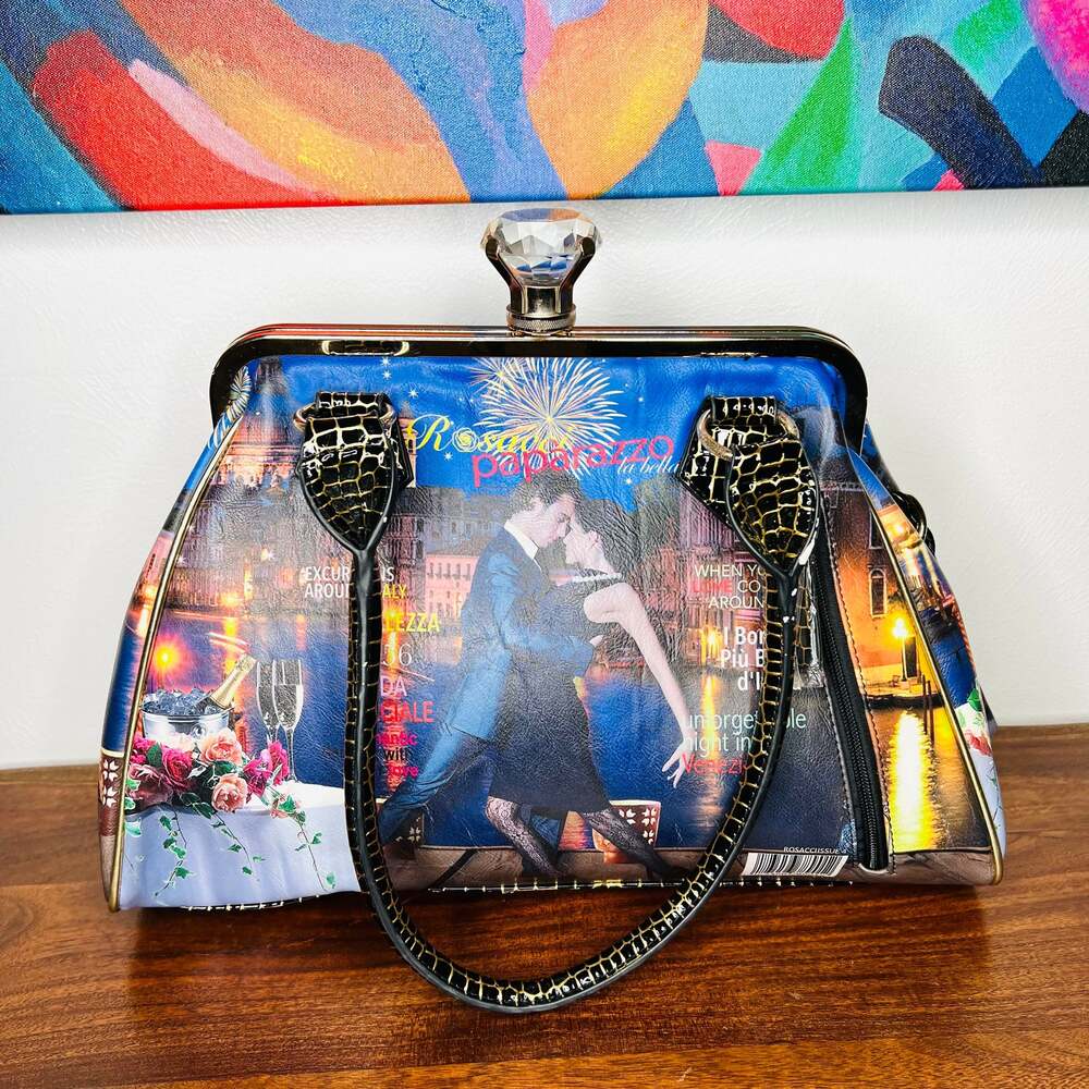 Rosacci Moda Milano Vintage-Style Frame Bag, Italian Magazine Motif - Picture 4 of 7